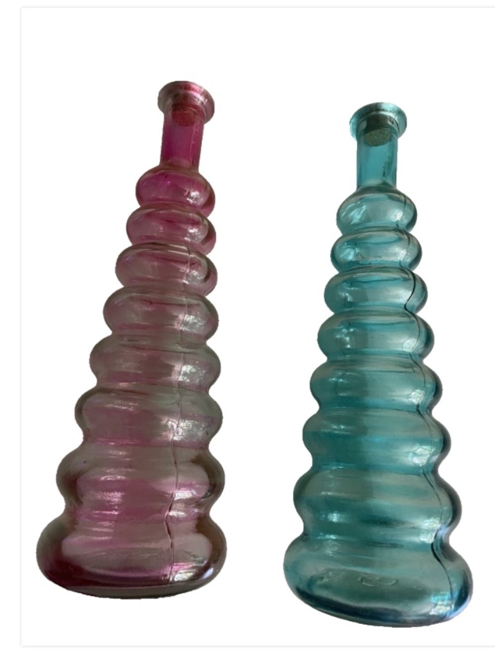 2 set MCM Beehive Ribbed Pressed Style Vase Jar  Bottle PINK TURQUOISE VTG  good